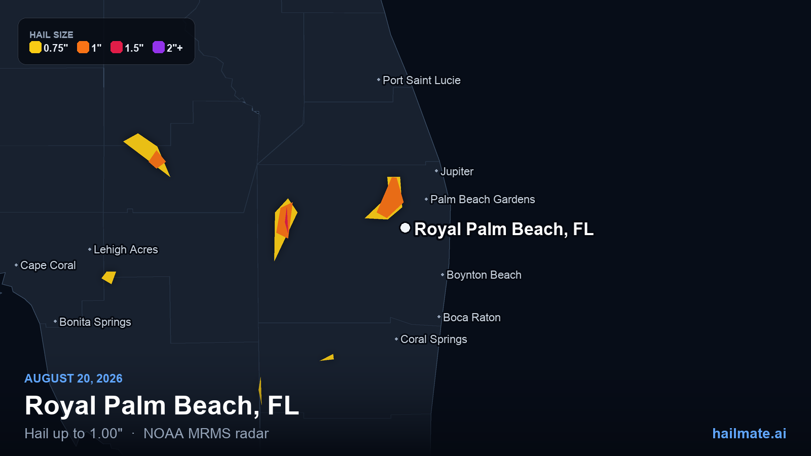 Hail swath map for Royal Palm Beach, FL on August 20, 2026 showing 1.00 inch hail.