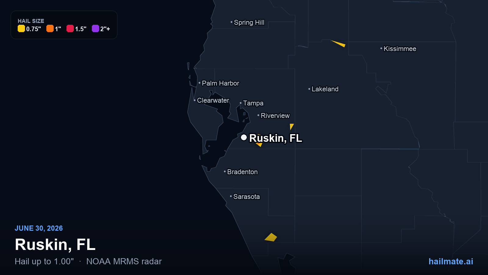 Hail swath map for Ruskin, FL on June 30, 2026 showing 1.00 inch hail.