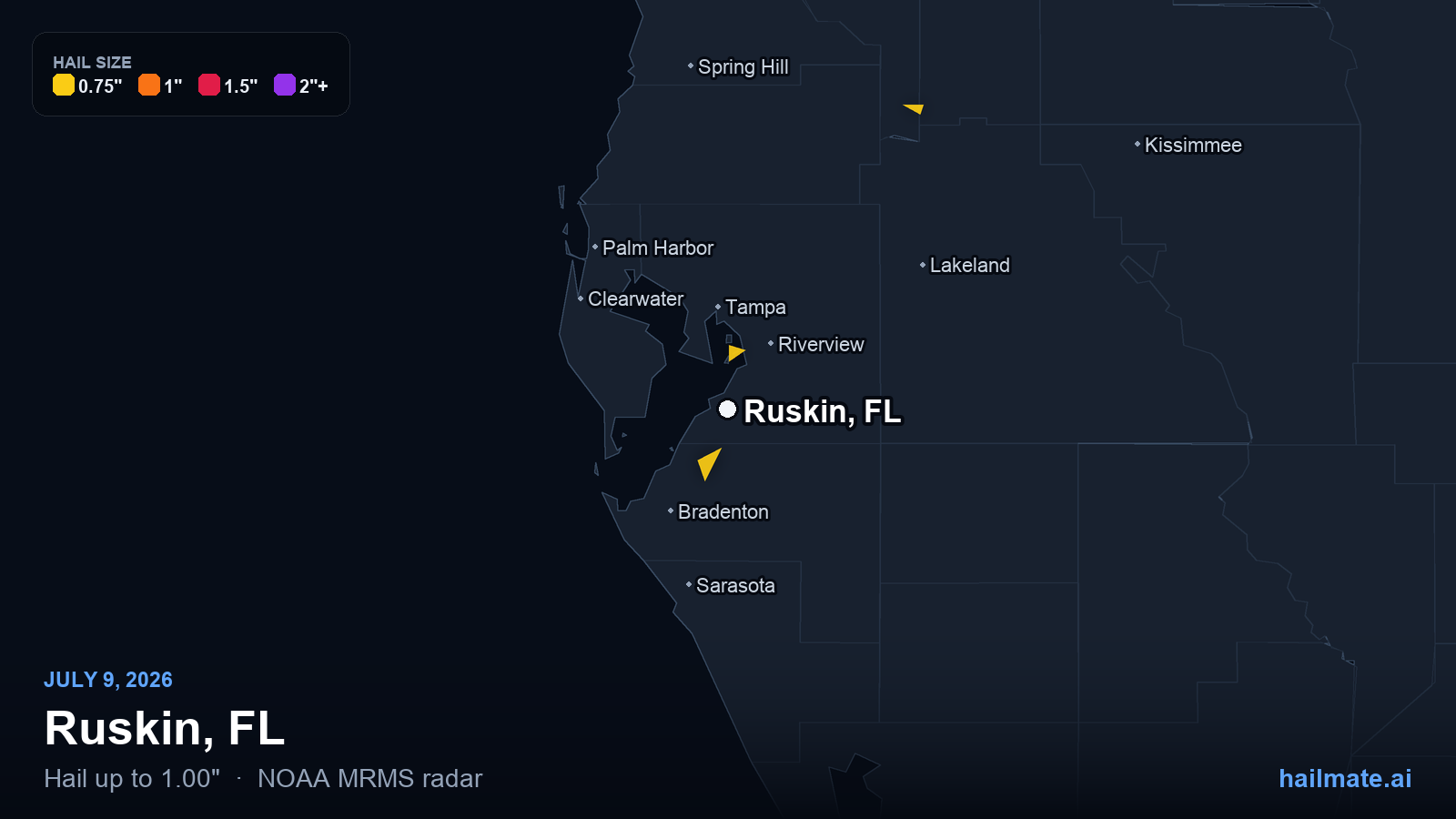 Hail swath map for Ruskin, FL on July 9, 2026 showing 1.00 inch hail.