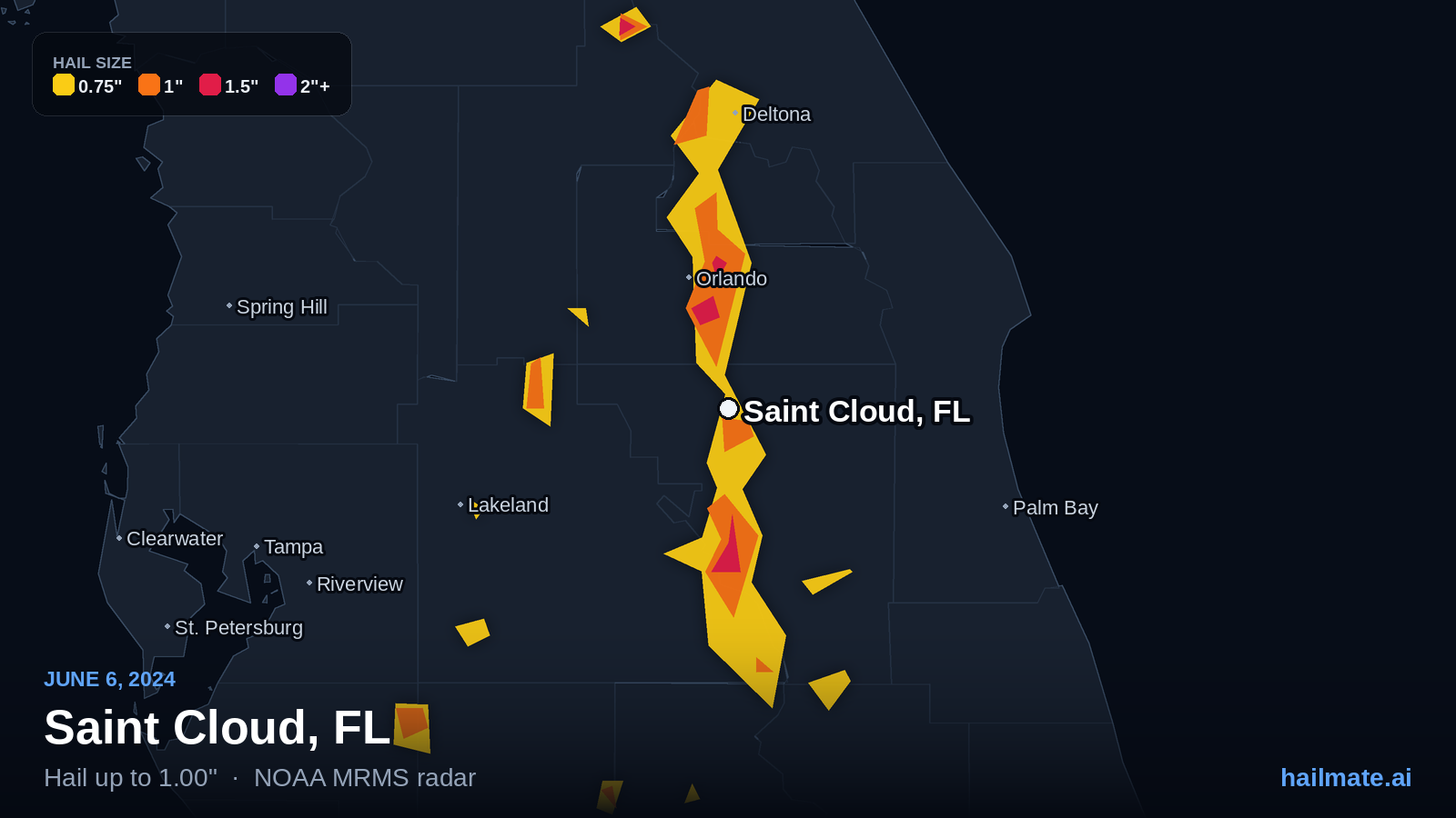 Hail swath map for Saint Cloud, FL on June 6, 2024 showing 1.00 inch hail.