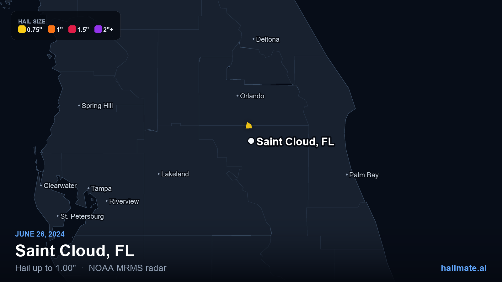 Hail swath map for Saint Cloud, FL on June 26, 2024 showing 1.00 inch hail.