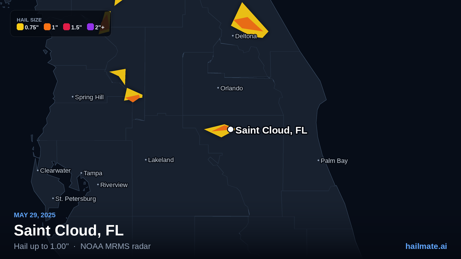 Hail swath map for Saint Cloud, FL on May 29, 2025 showing 1.00 inch hail.