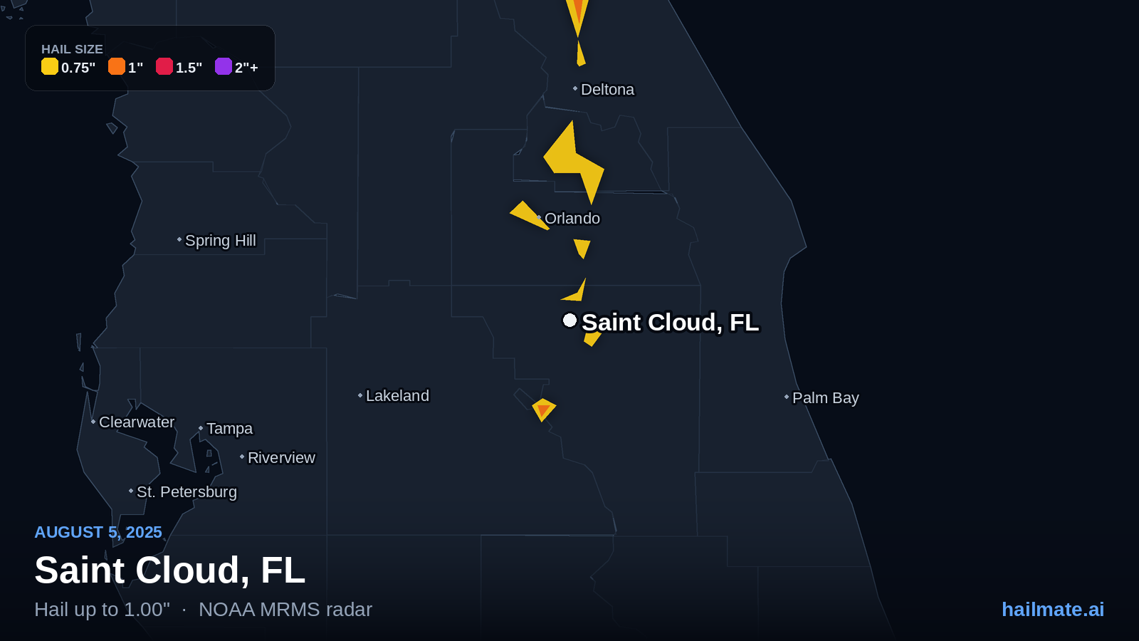 Hail swath map for Saint Cloud, FL on August 5, 2025 showing 1.00 inch hail.