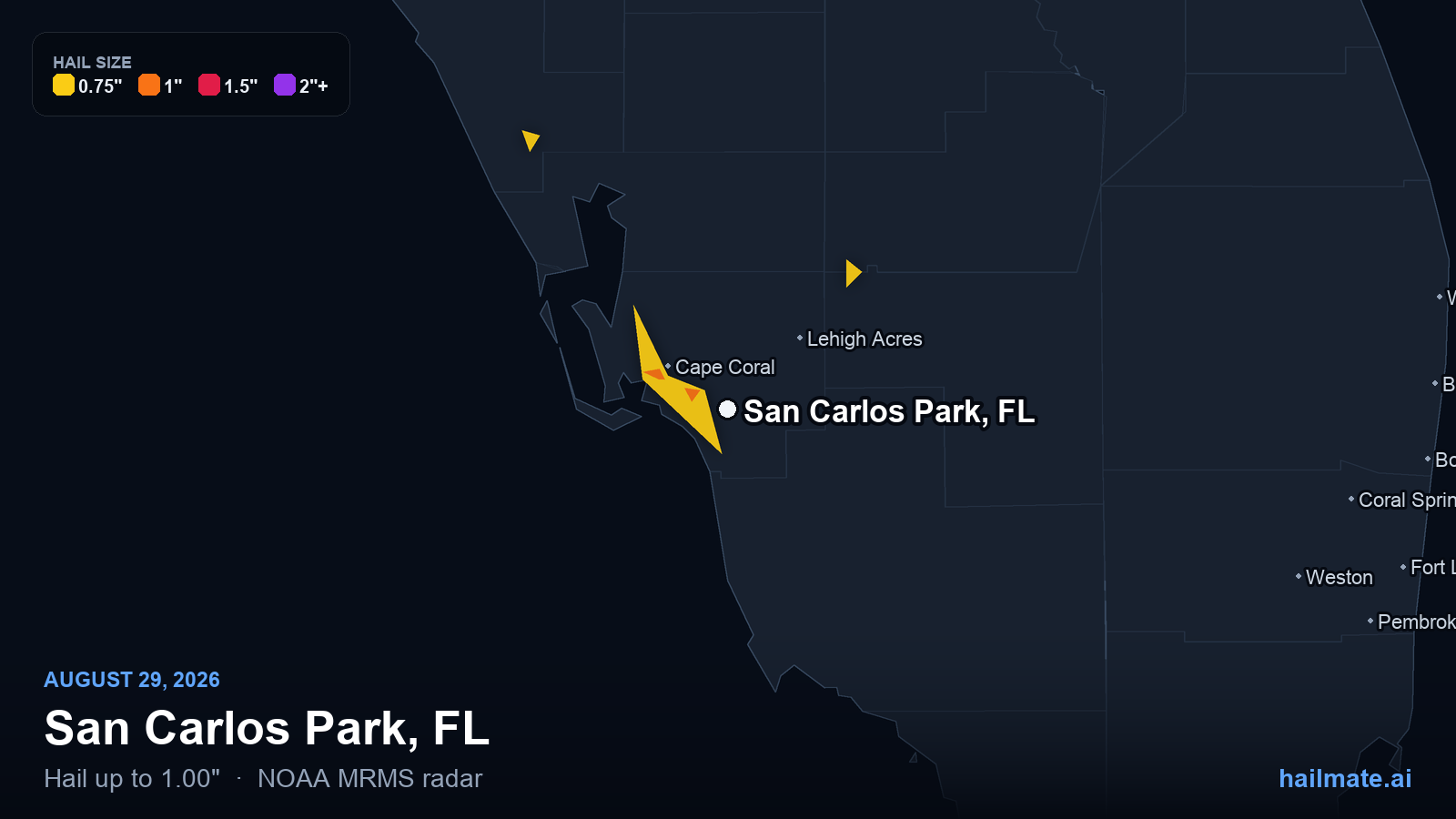 Hail swath map for San Carlos Park, FL on August 29, 2026 showing 1.00 inch hail.