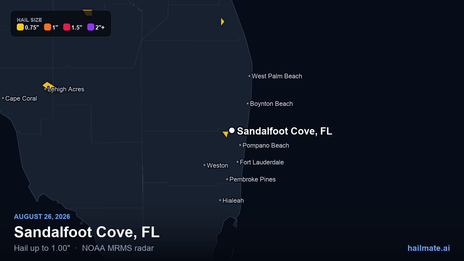 Hail swath map for Sandalfoot Cove, FL on August 26, 2026 showing 1.00 inch hail.