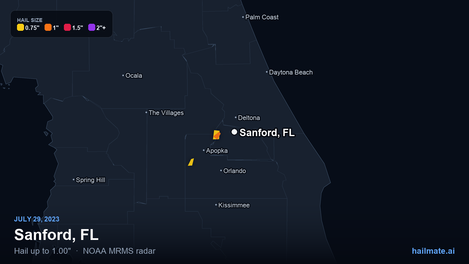 Hail swath map for Sanford, FL on July 29, 2023 showing 1.00 inch hail.