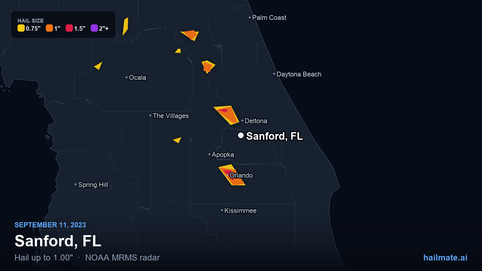 Hail swath map for Sanford, FL on September 11, 2023 showing 1.00 inch hail.