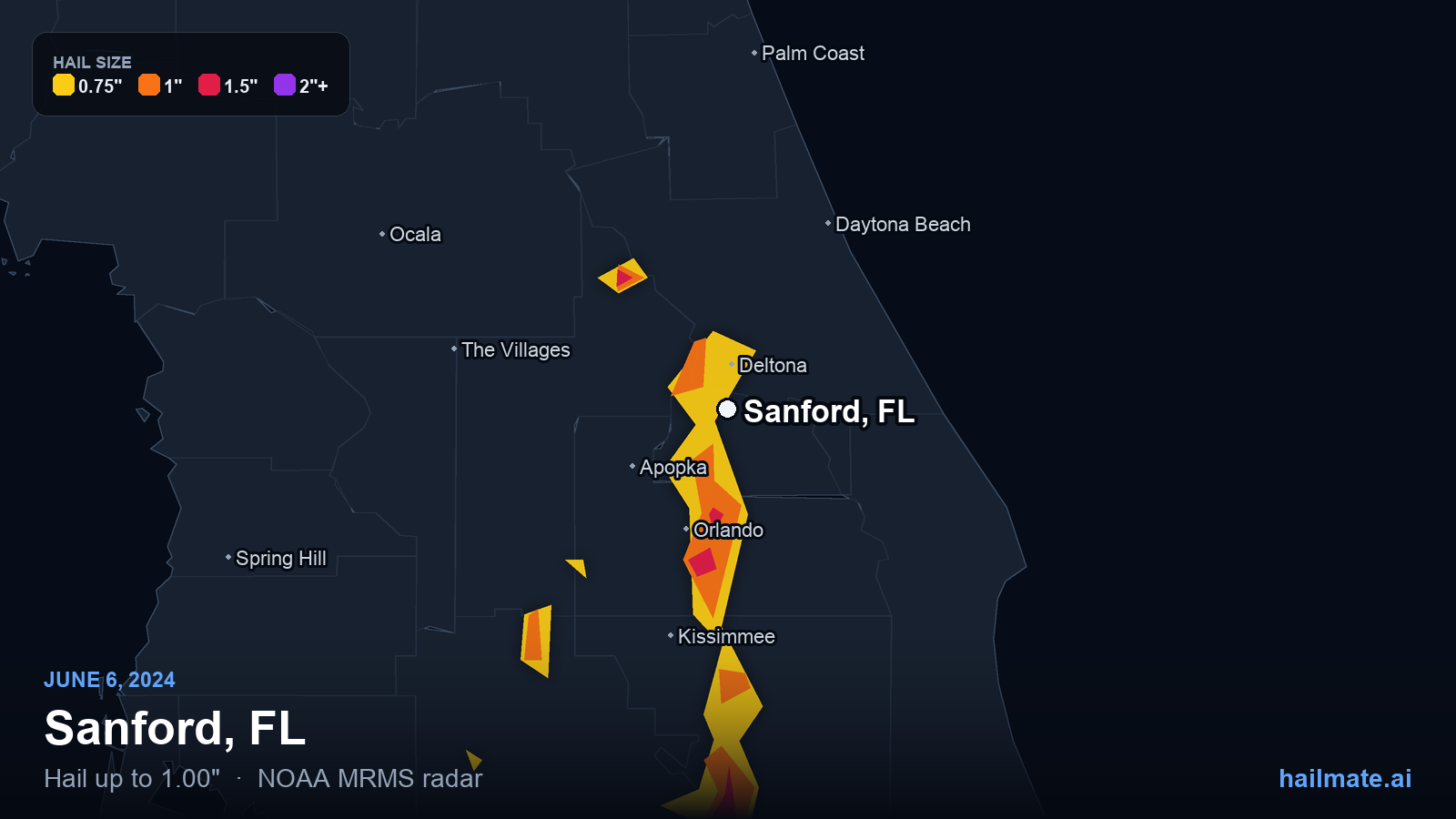 Hail swath map for Sanford, FL on June 6, 2024 showing 1.00 inch hail.