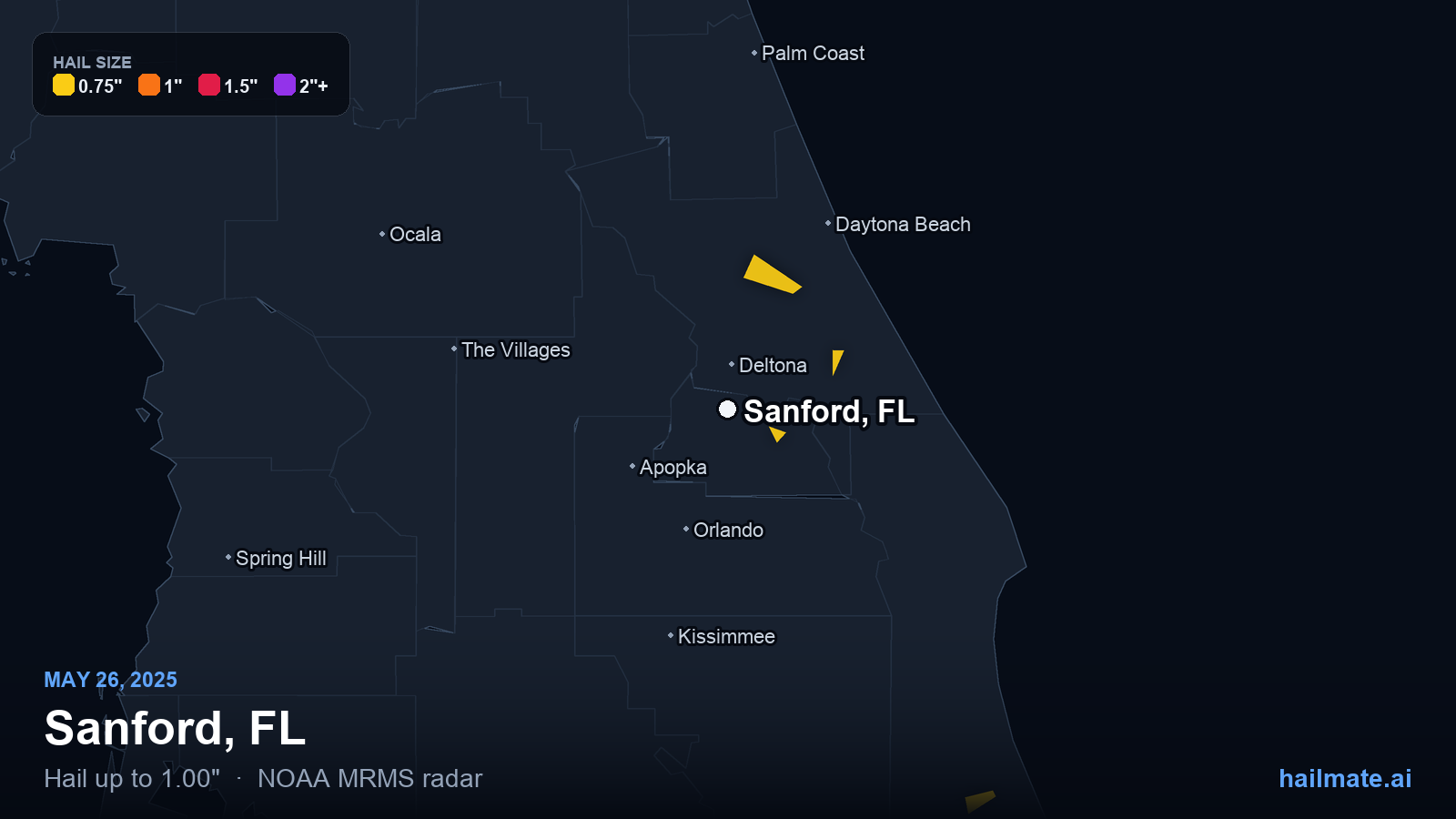 Hail swath map for Sanford, FL on May 26, 2025 showing 1.00 inch hail.