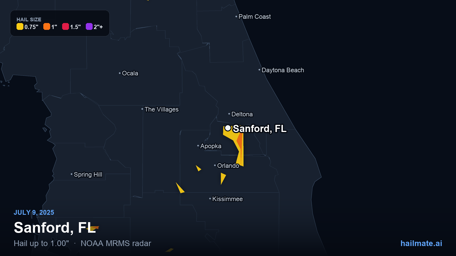 Hail swath map for Sanford, FL on July 9, 2025 showing 1.00 inch hail.