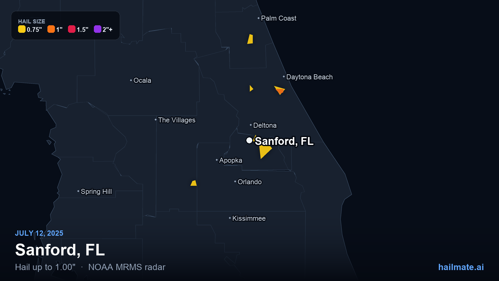 Hail swath map for Sanford, FL on July 12, 2025 showing 1.00 inch hail.