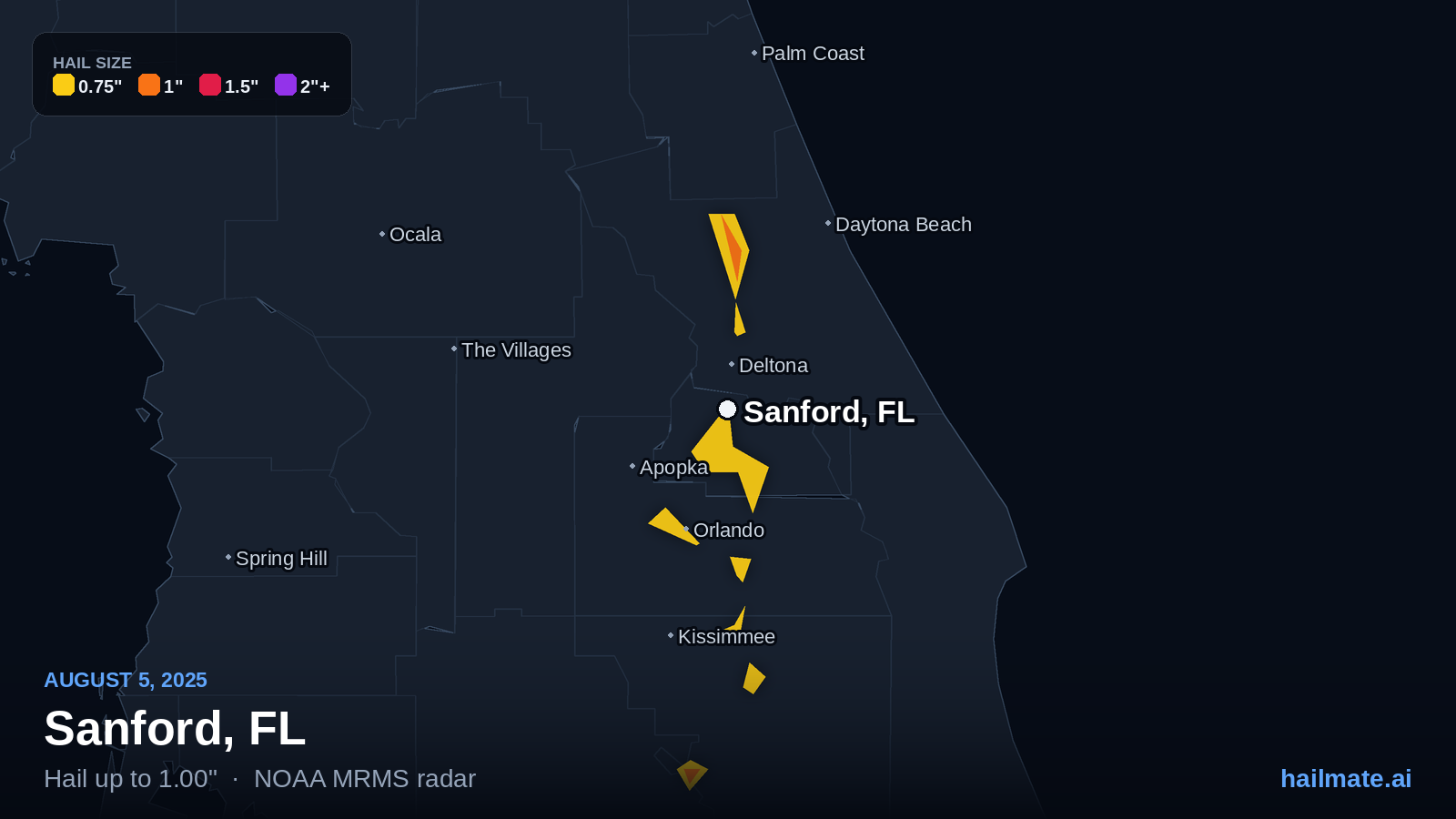Hail swath map for Sanford, FL on August 5, 2025 showing 1.00 inch hail.