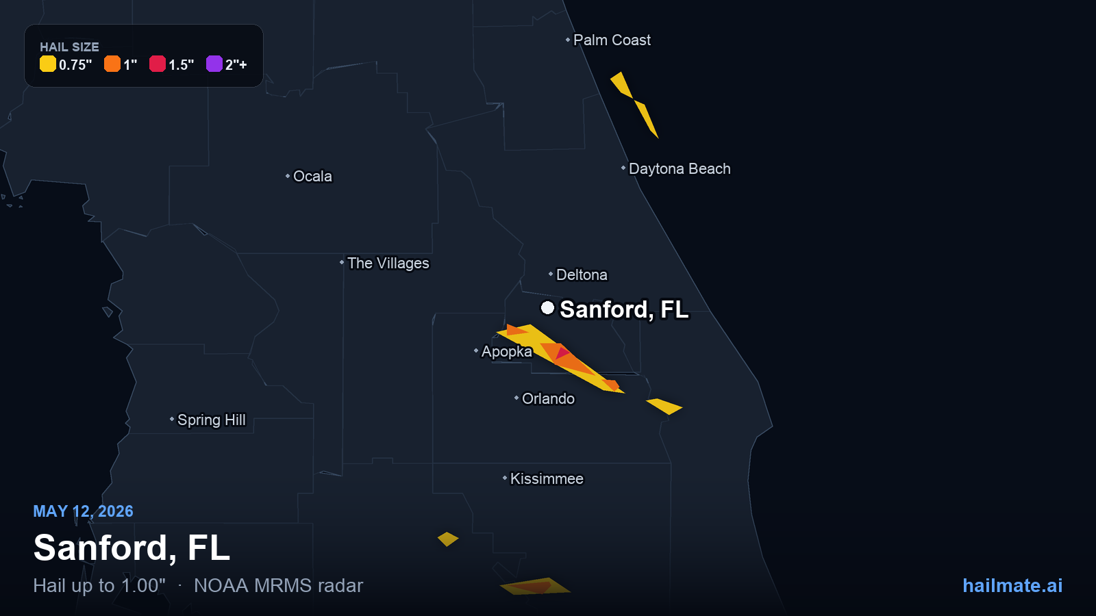 Hail swath map for Sanford, FL on May 12, 2026 showing 1.00 inch hail.
