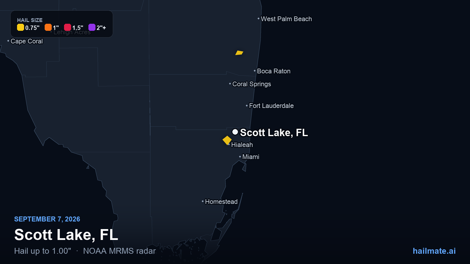 Hail swath map for Scott Lake, FL on September 7, 2026 showing 1.00 inch hail.