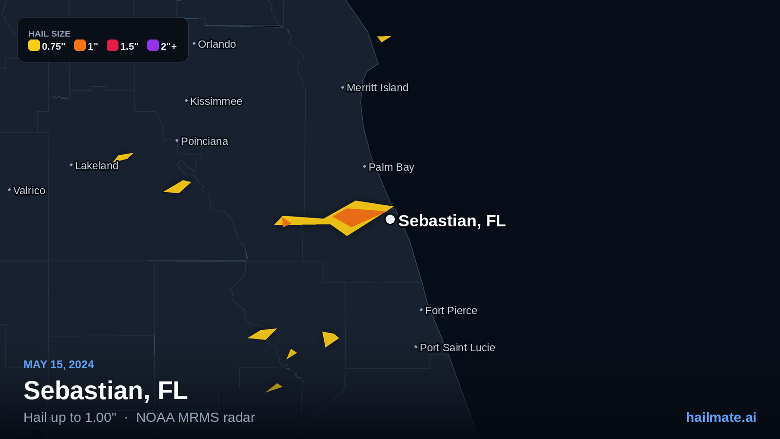 Hail swath map for Sebastian, FL on May 15, 2024 showing 1.00 inch hail.