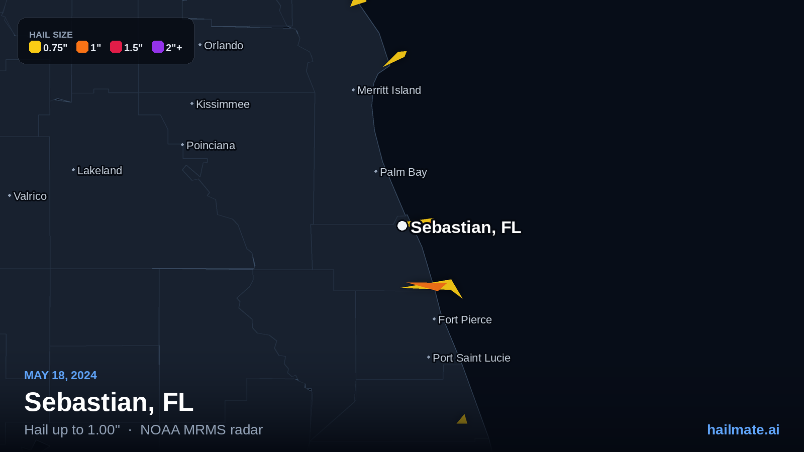 Hail swath map for Sebastian, FL on May 18, 2024 showing 1.00 inch hail.