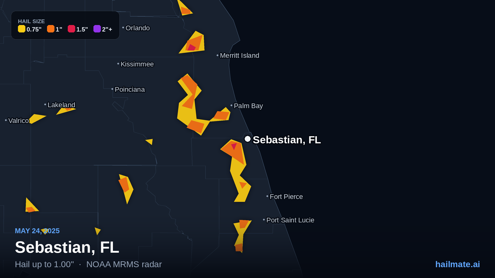Hail swath map for Sebastian, FL on May 24, 2025 showing 1.00 inch hail.