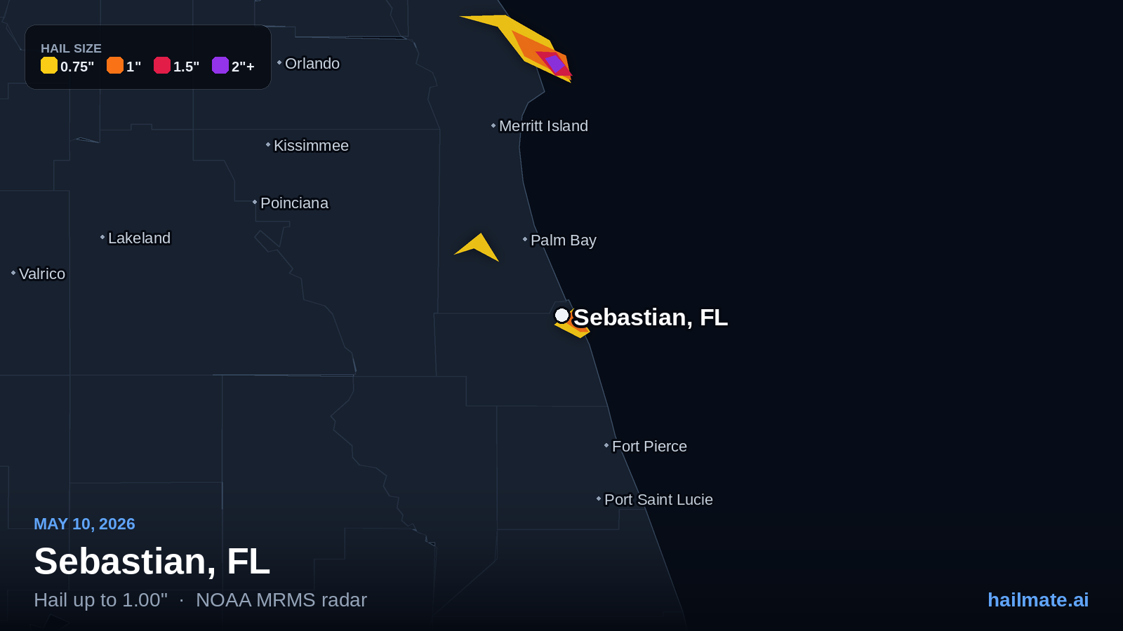 Hail swath map for Sebastian, FL on May 10, 2026 showing 1.00 inch hail.