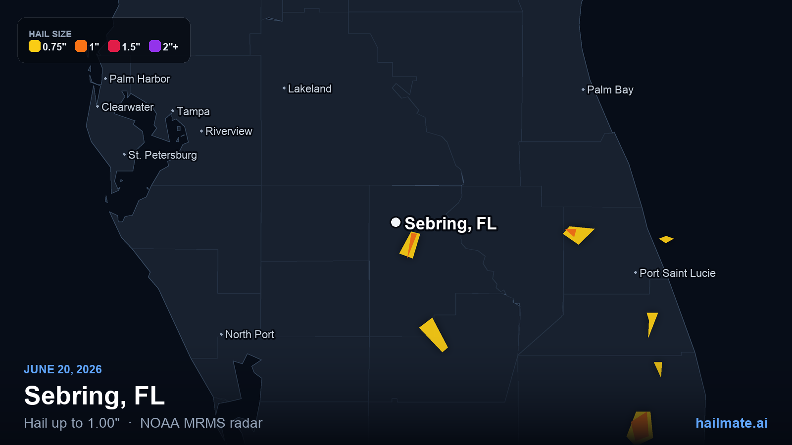 Hail swath map for Sebring, FL on June 20, 2026 showing 1.00 inch hail.
