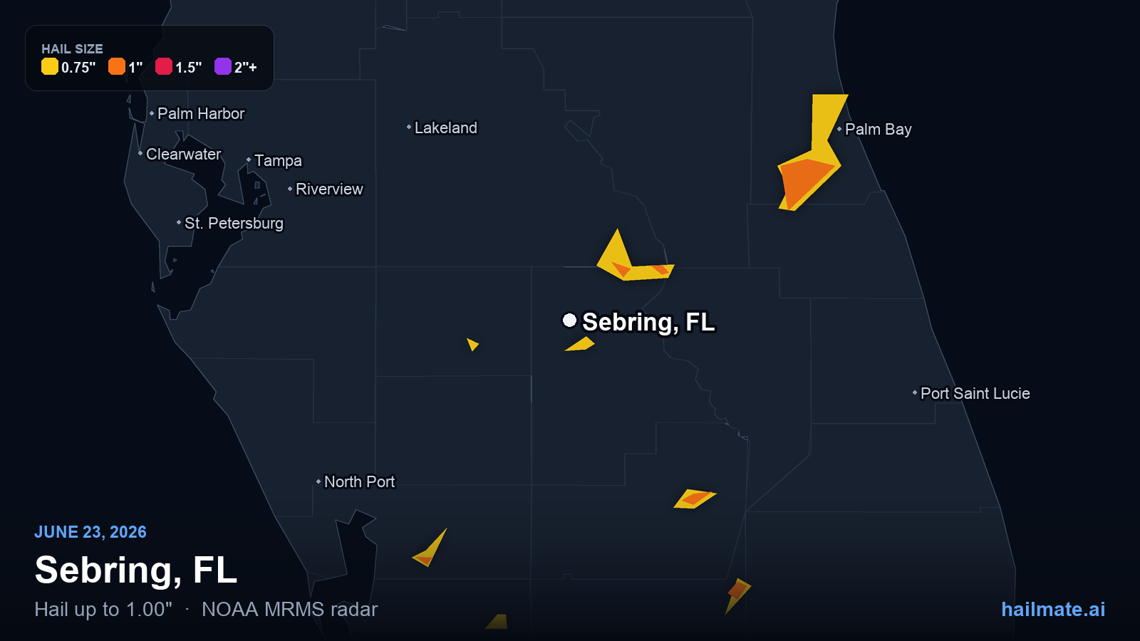Hail swath map for Sebring, FL on June 23, 2026 showing 1.00 inch hail.
