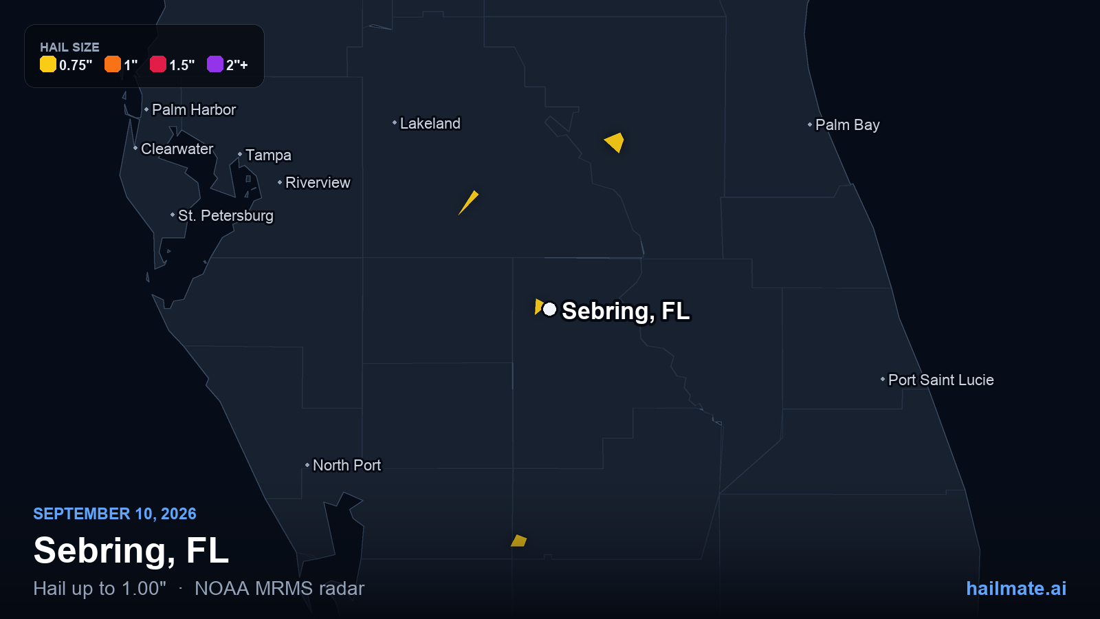 Hail swath map for Sebring, FL on September 10, 2026 showing 1.00 inch hail.