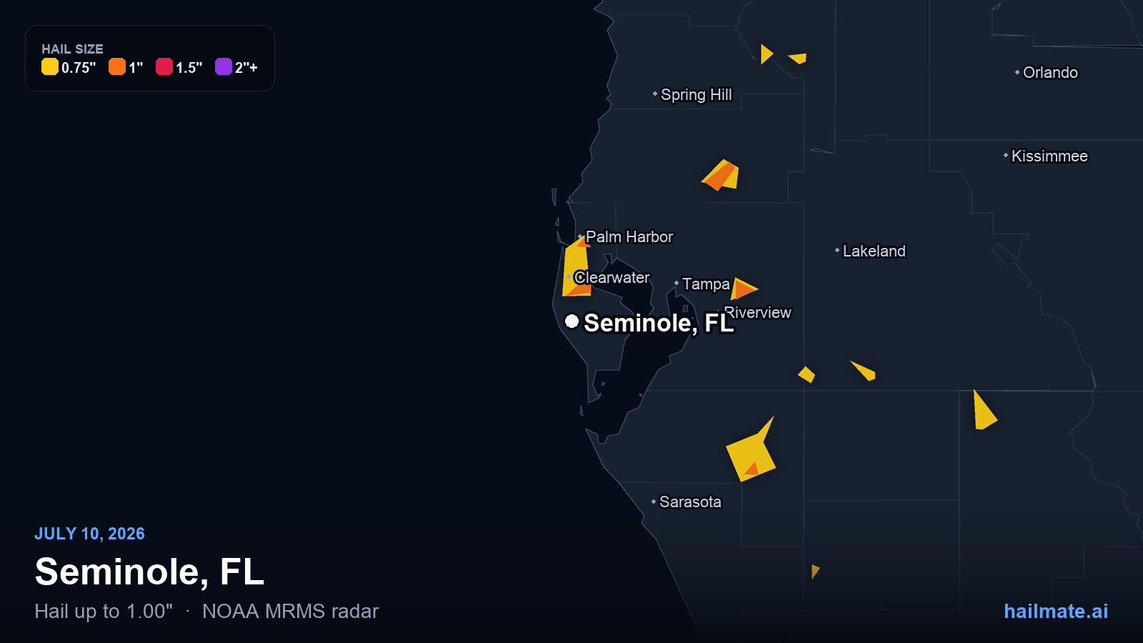 Hail swath map for Seminole, FL on July 10, 2026 showing 1.00 inch hail.