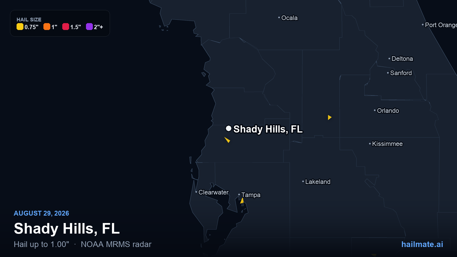 Hail swath map for Shady Hills, FL on August 29, 2026 showing 1.00 inch hail.