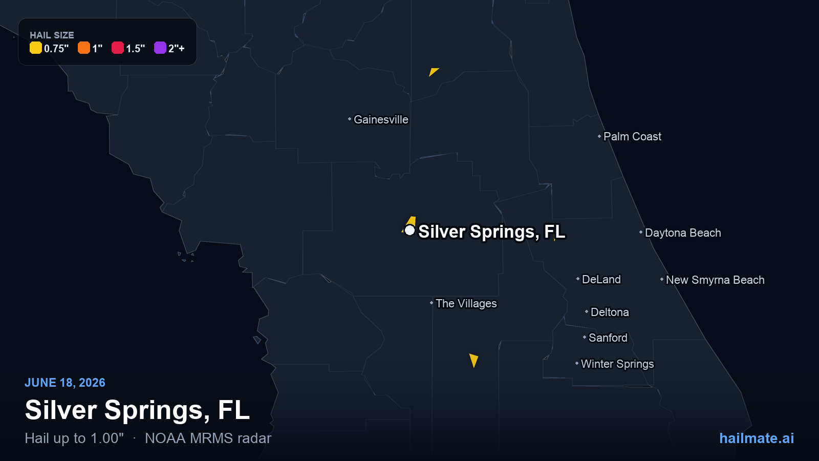 Hail swath map for Silver Springs, FL on June 18, 2026 showing 1.00 inch hail.