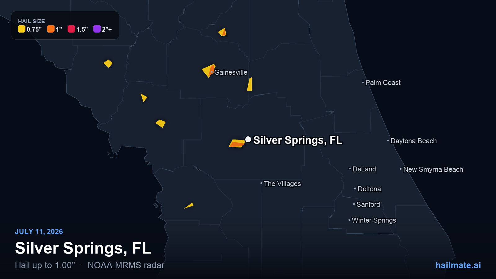 Hail swath map for Silver Springs, FL on July 11, 2026 showing 1.00 inch hail.