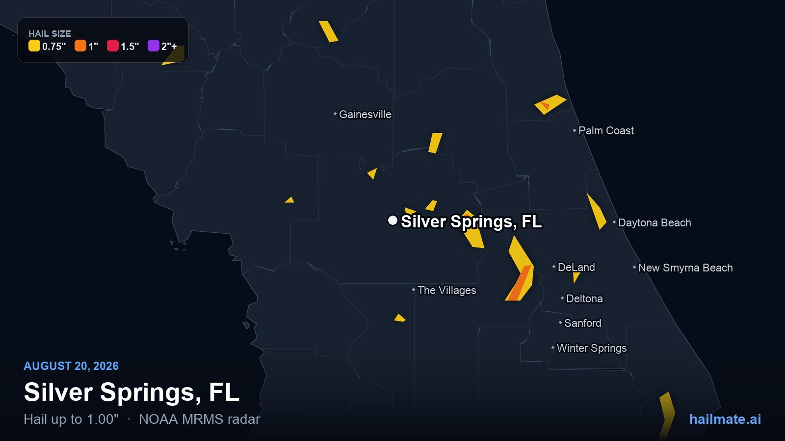 Hail swath map for Silver Springs, FL on August 20, 2026 showing 1.00 inch hail.