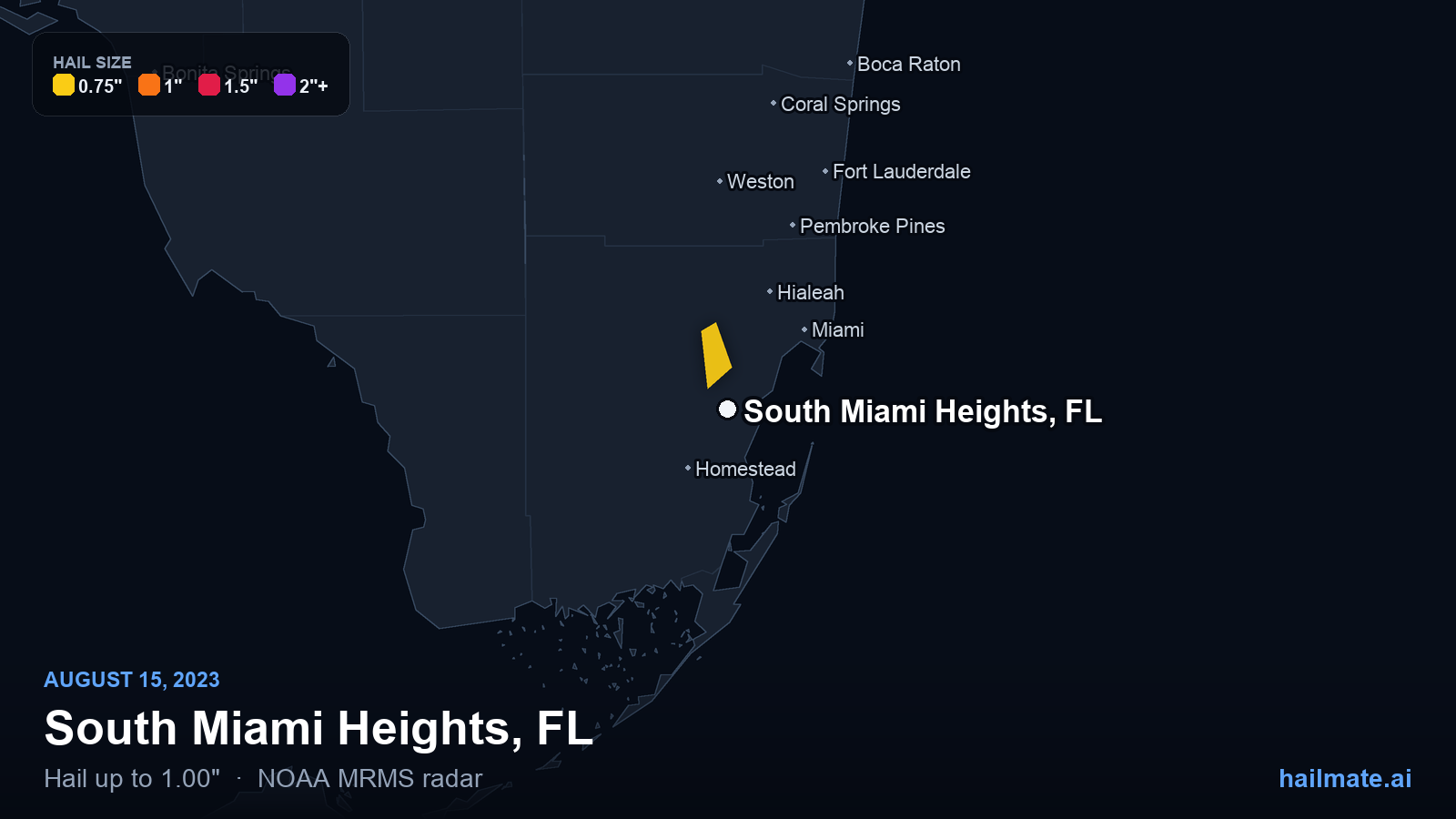 Hail swath map for South Miami Heights, FL on August 15, 2023 showing 1.00 inch hail.