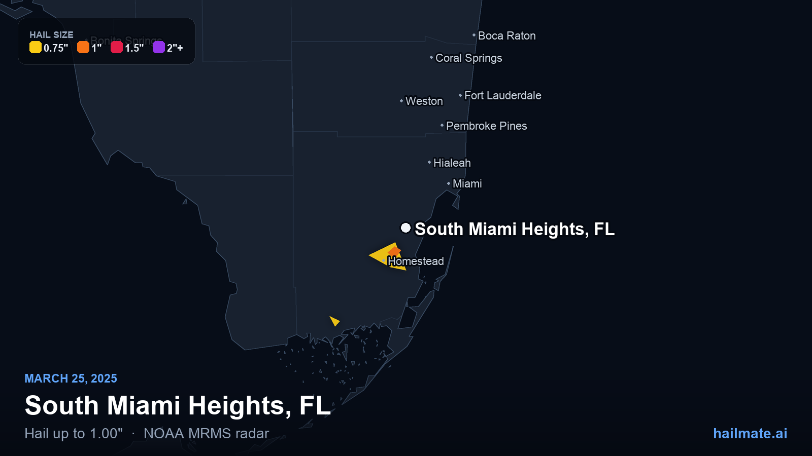 Hail swath map for South Miami Heights, FL on March 25, 2025 showing 1.00 inch hail.