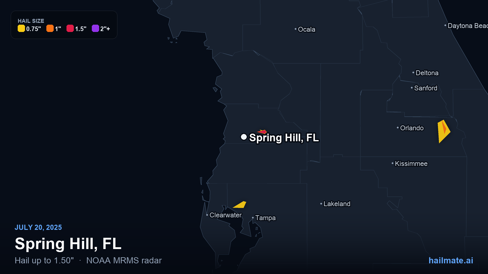 Hail swath map for Spring Hill, FL on July 20, 2025 showing 1.50 inch hail.