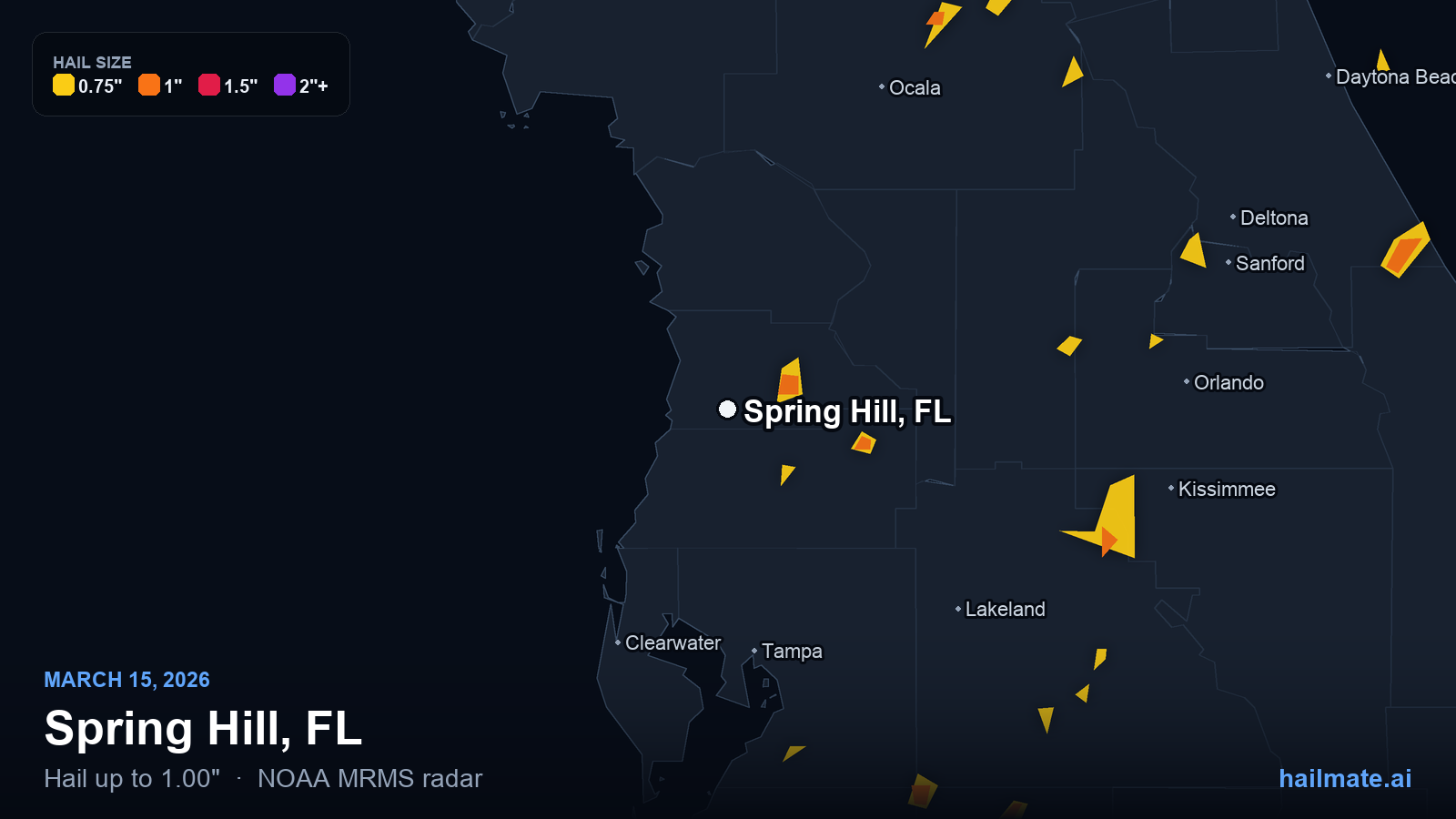 Hail swath map for Spring Hill, FL on March 15, 2026 showing 1.00 inch hail.