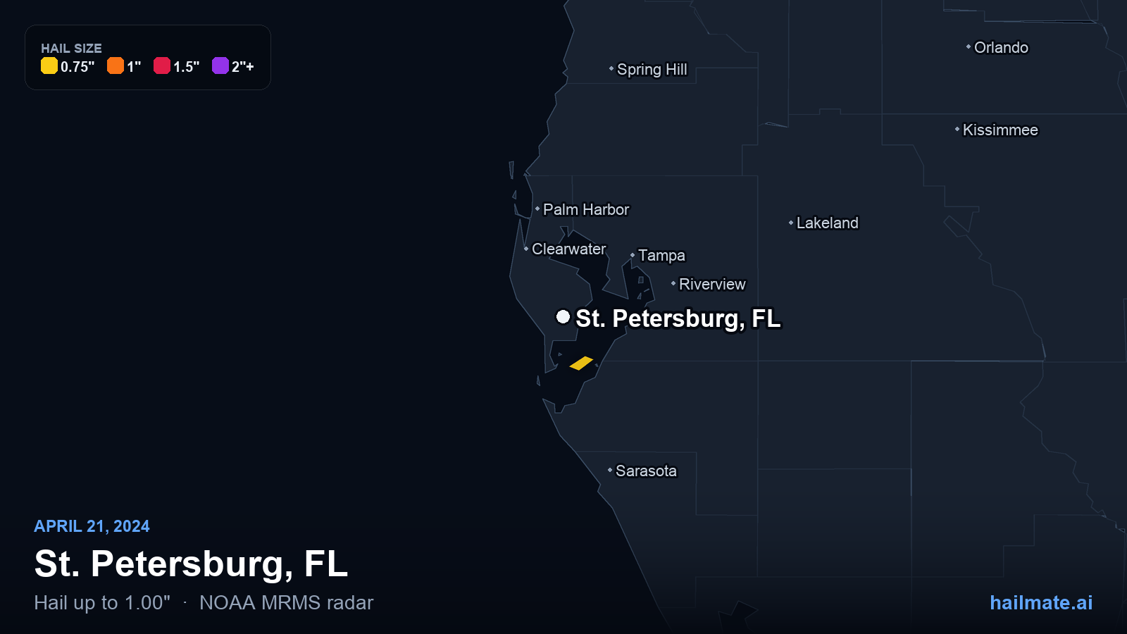 Hail swath map for St. Petersburg, FL on April 21, 2024 showing 1.00 inch hail.