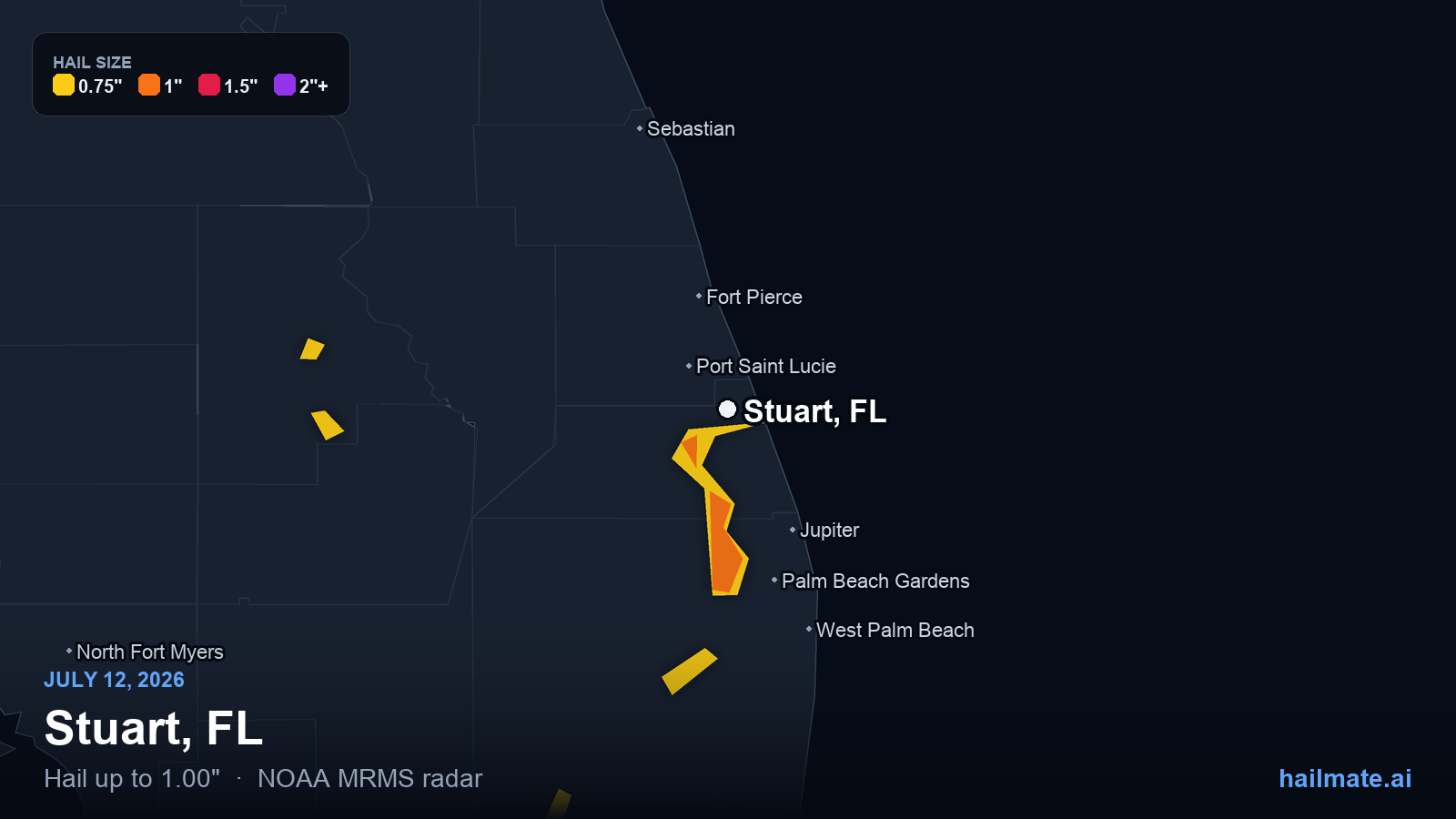 Hail swath map for Stuart, FL on July 12, 2026 showing 1.00 inch hail.