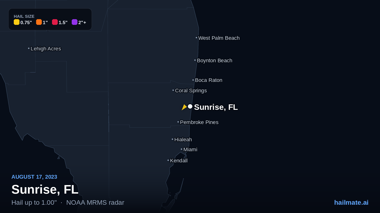 Hail swath map for Sunrise, FL on August 17, 2023 showing 1.00 inch hail.