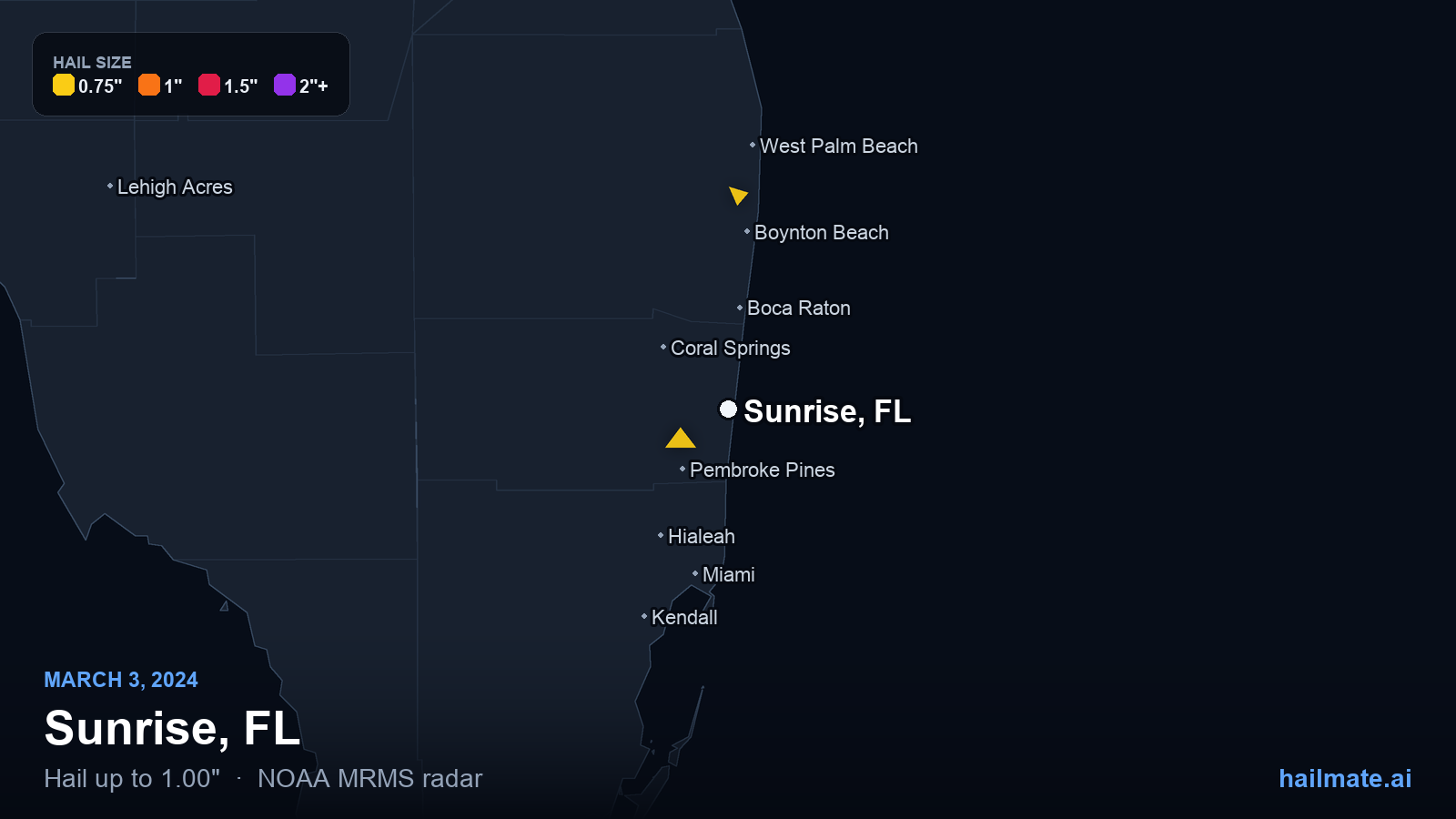 Hail swath map for Sunrise, FL on March 3, 2024 showing 1.00 inch hail.