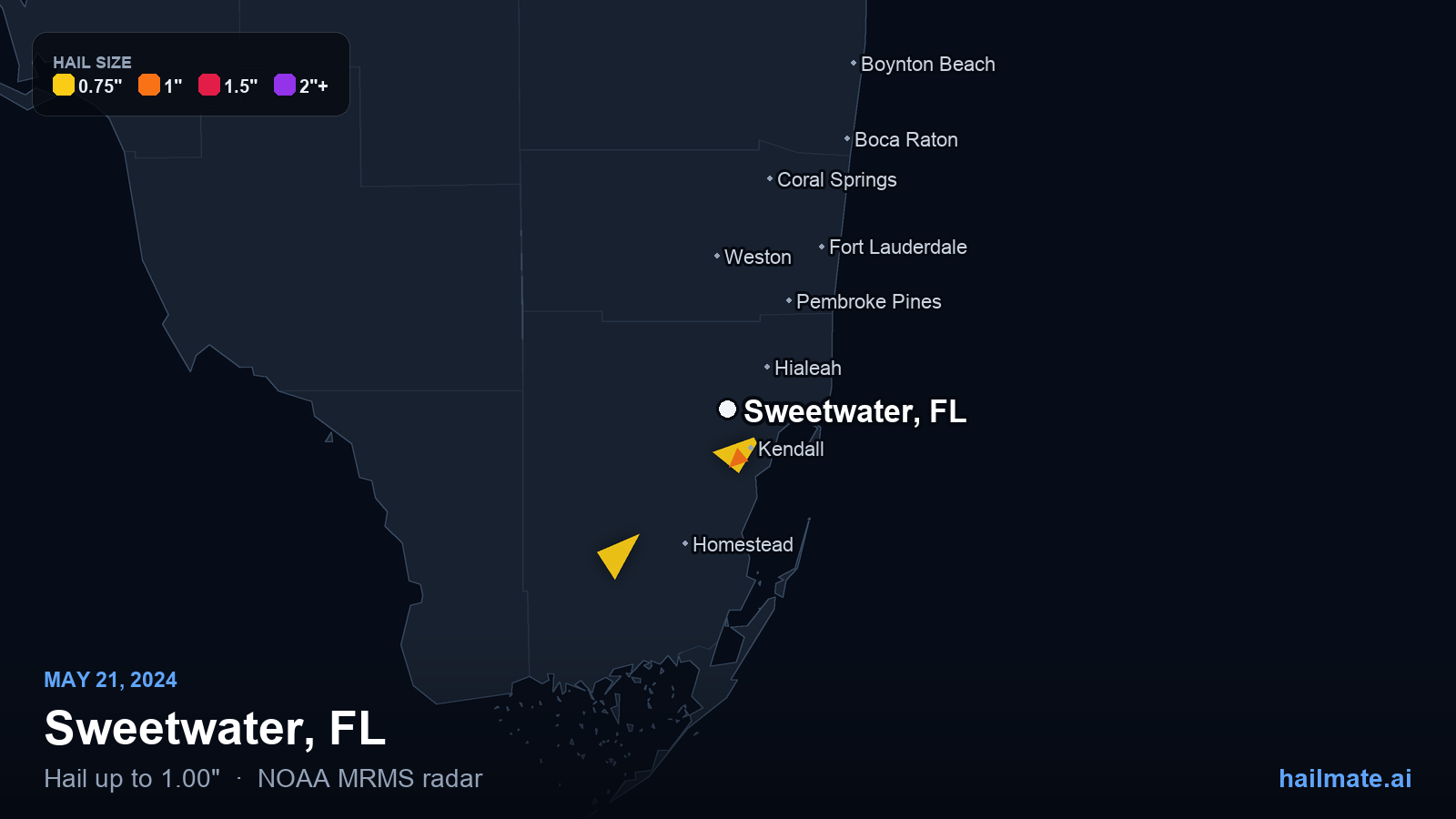 Hail swath map for Sweetwater, FL on May 21, 2024 showing 1.00 inch hail.