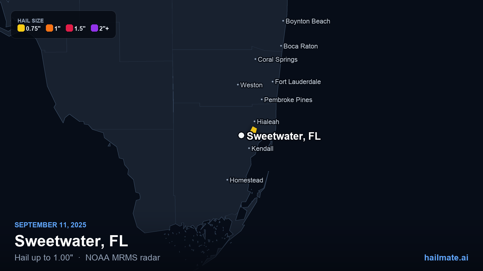 Hail swath map for Sweetwater, FL on September 11, 2025 showing 1.00 inch hail.