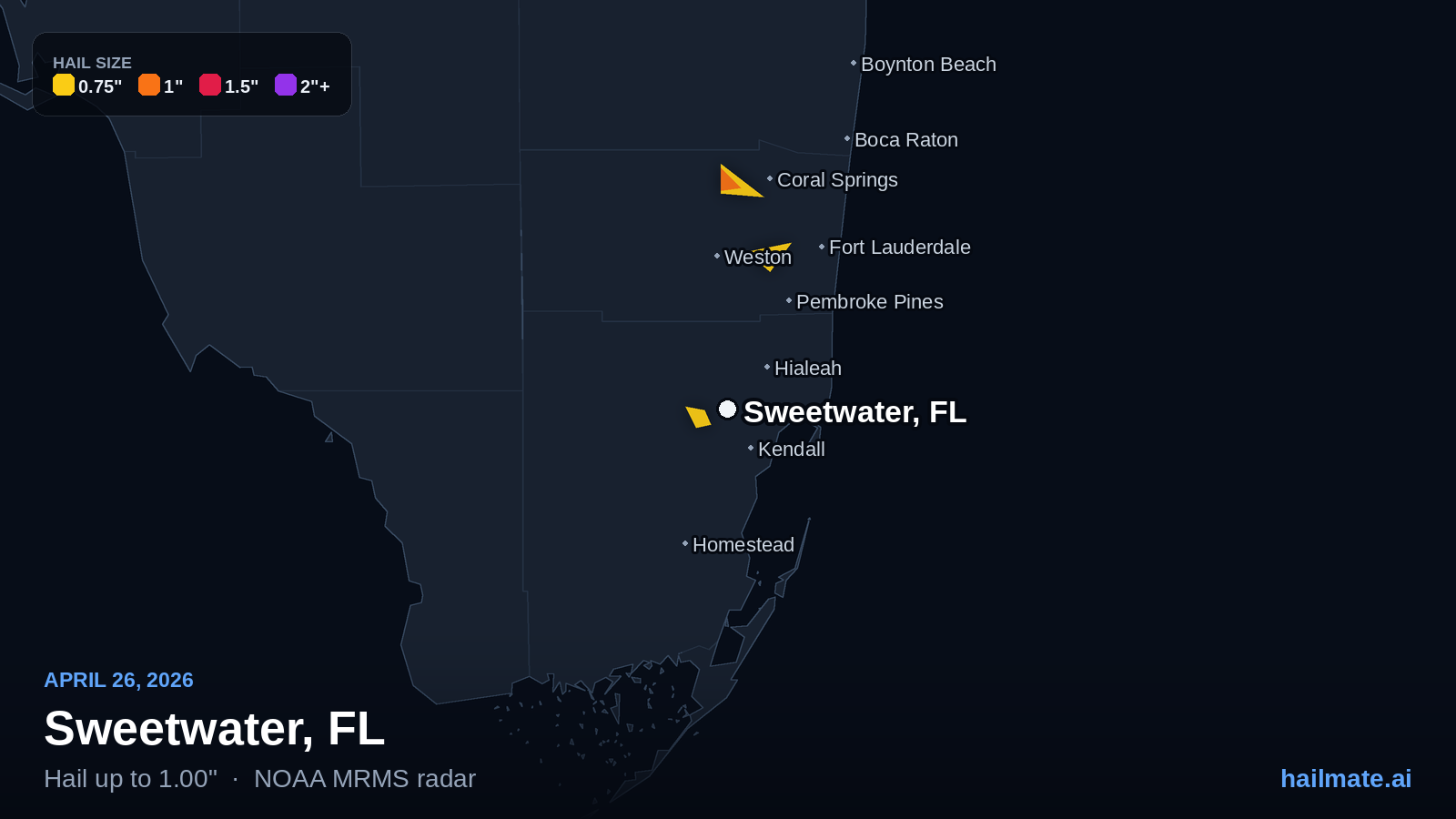 Hail swath map for Sweetwater, FL on April 26, 2026 showing 1.00 inch hail.