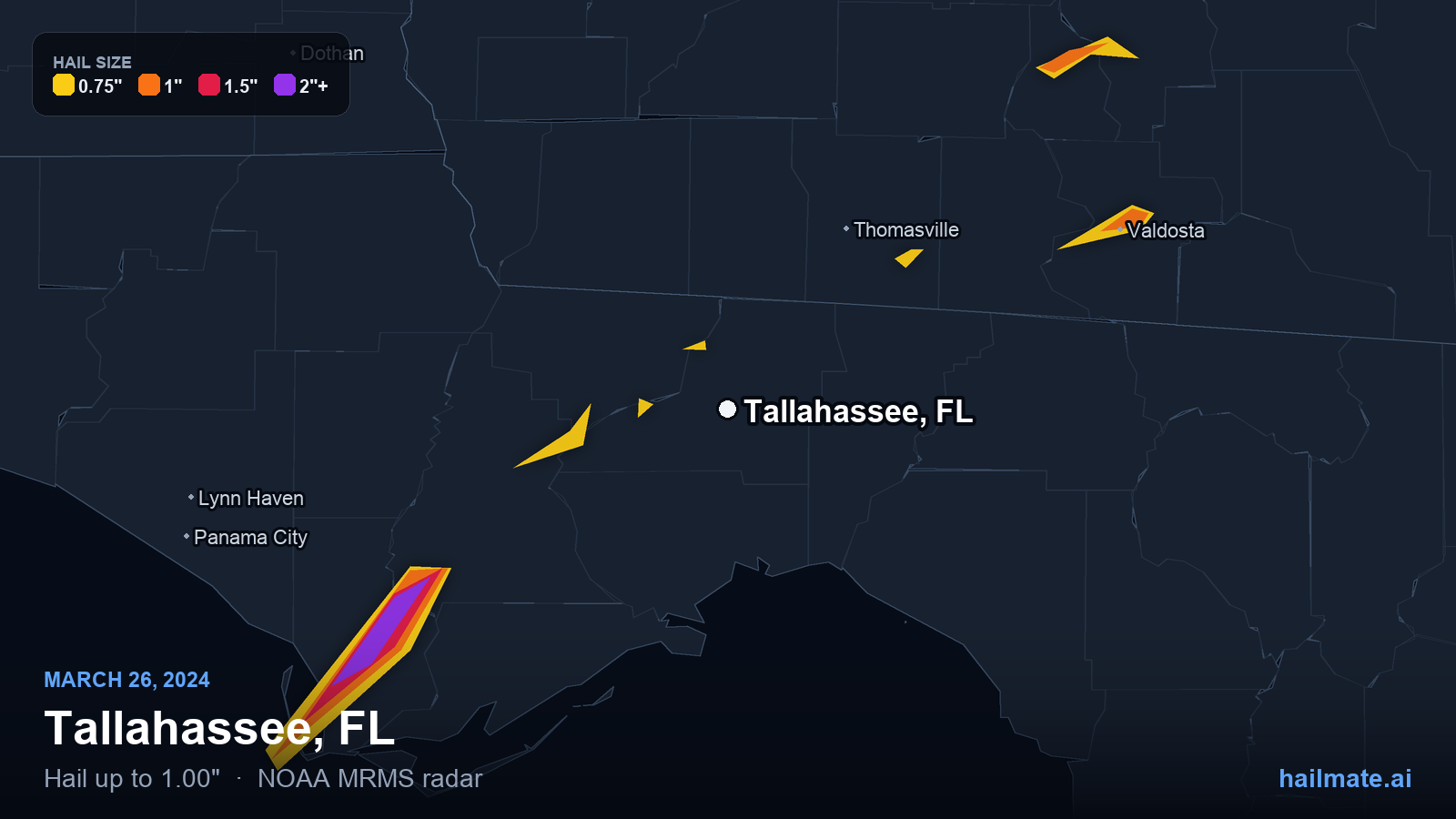 Hail swath map for Tallahassee, FL on March 26, 2024 showing 1.00 inch hail.