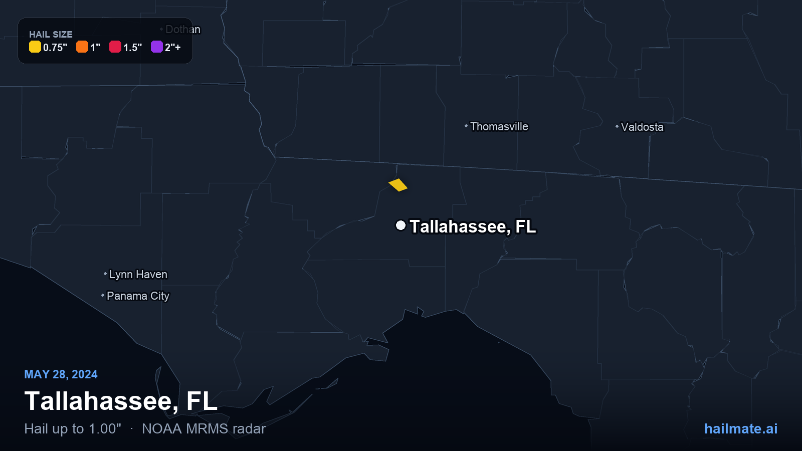 Hail swath map for Tallahassee, FL on May 28, 2024 showing 1.00 inch hail.