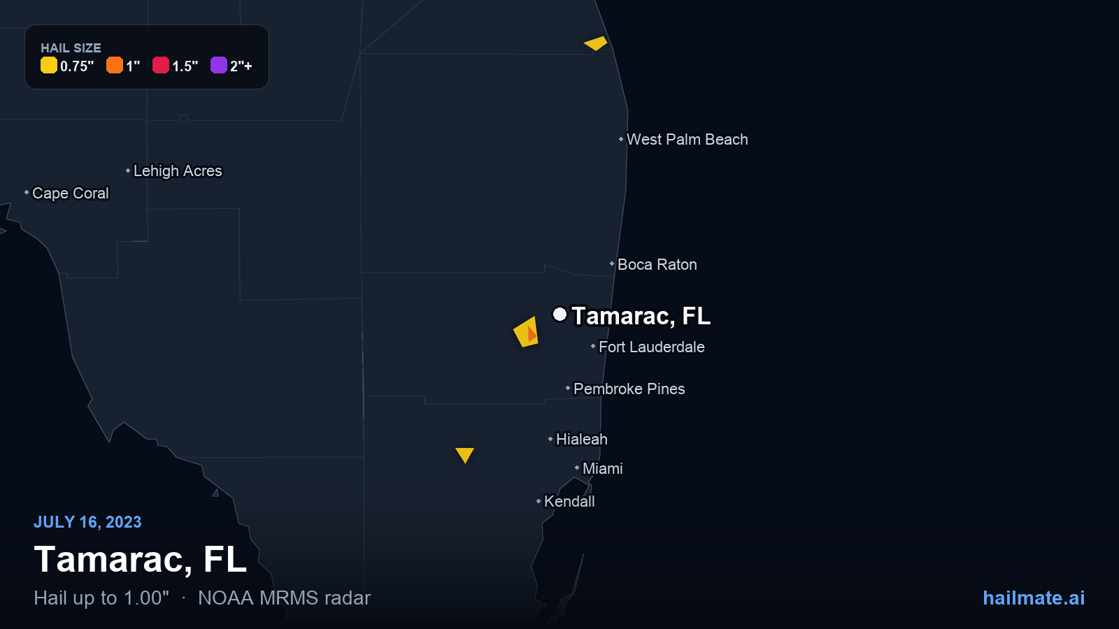 Hail swath map for Tamarac, FL on July 16, 2023 showing 1.00 inch hail.