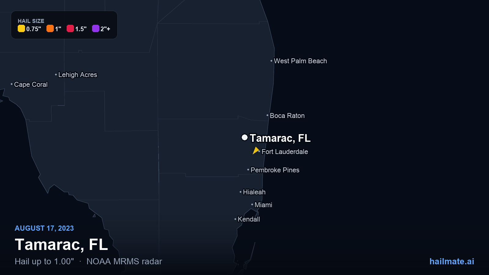 Hail swath map for Tamarac, FL on August 17, 2023 showing 1.00 inch hail.