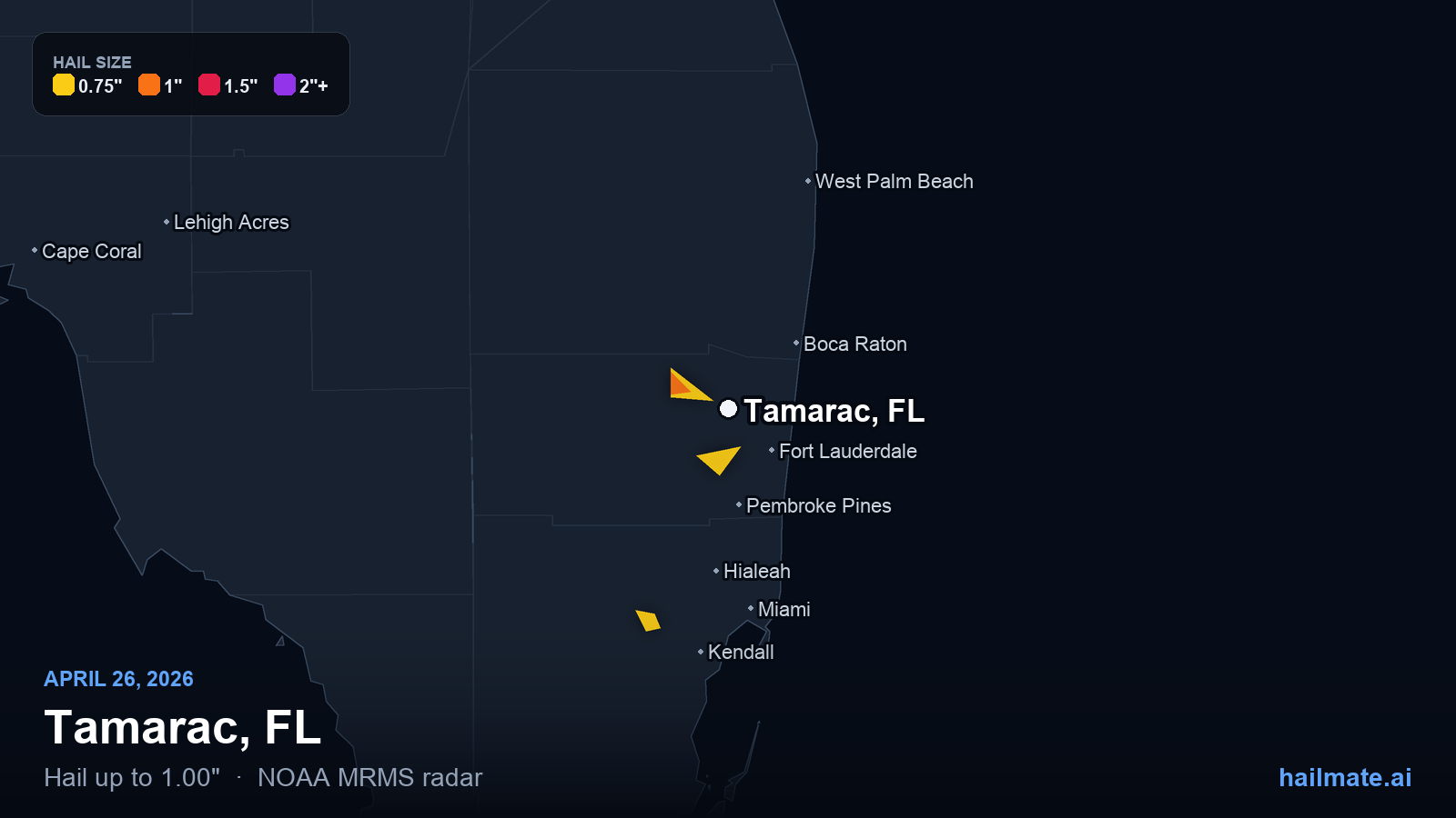 Hail swath map for Tamarac, FL on April 26, 2026 showing 1.00 inch hail.