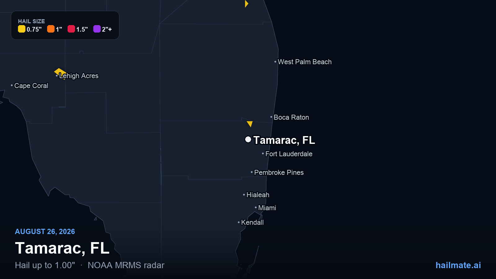 Hail swath map for Tamarac, FL on August 26, 2026 showing 1.00 inch hail.