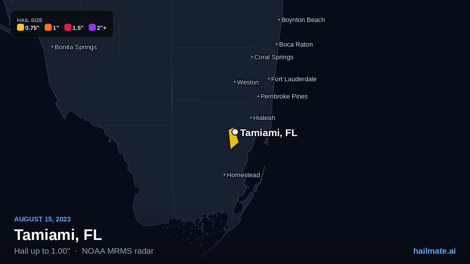 Hail swath map for Tamiami, FL on August 15, 2023 showing 1.00 inch hail.