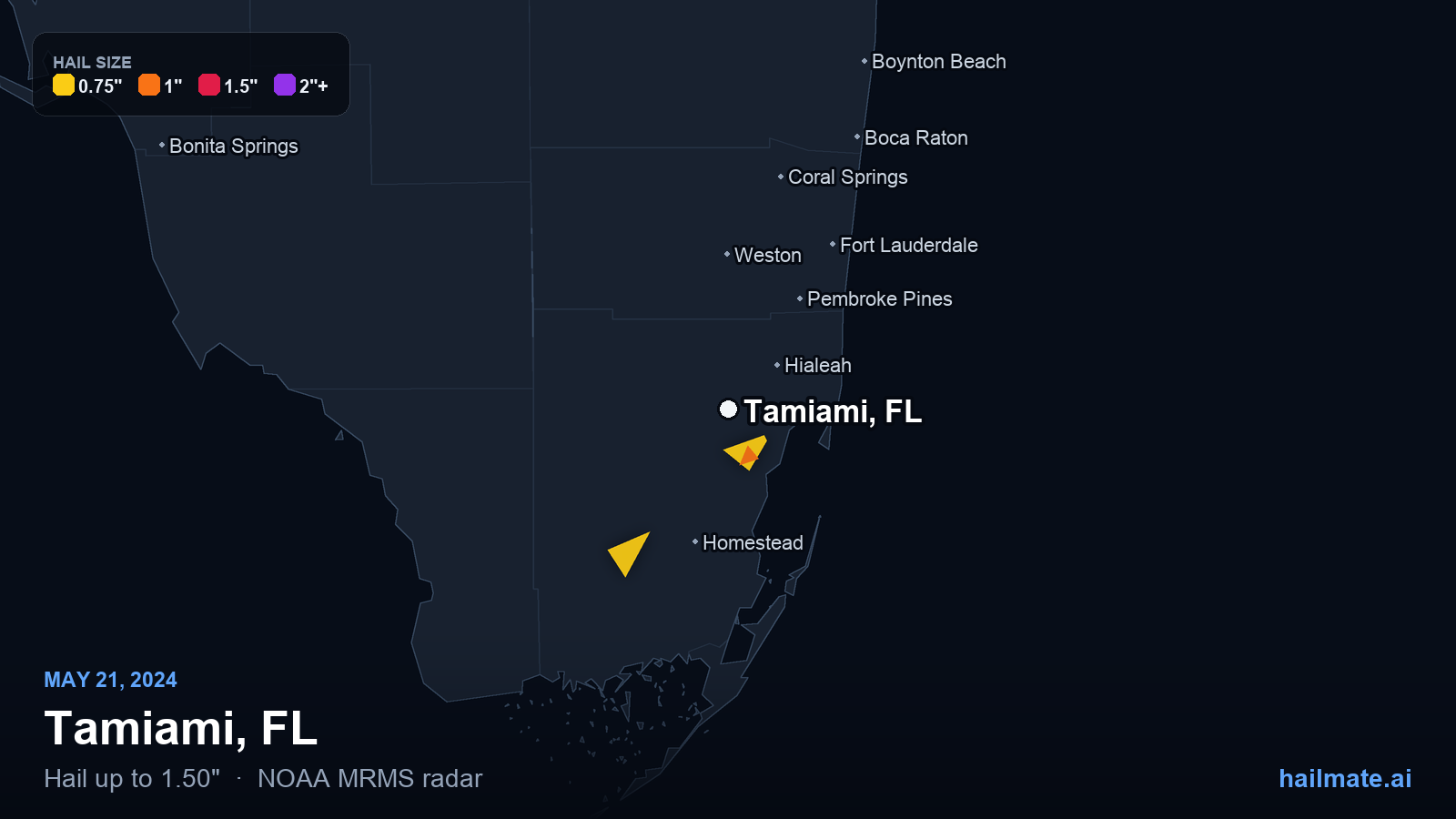 Hail swath map for Tamiami, FL on May 21, 2024 showing 1.50 inch hail.