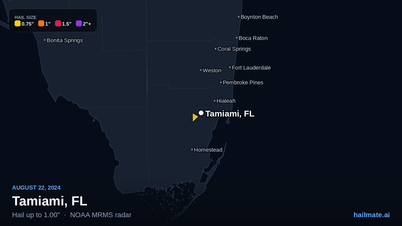 Hail swath map for Tamiami, FL on August 22, 2024 showing 1.00 inch hail.